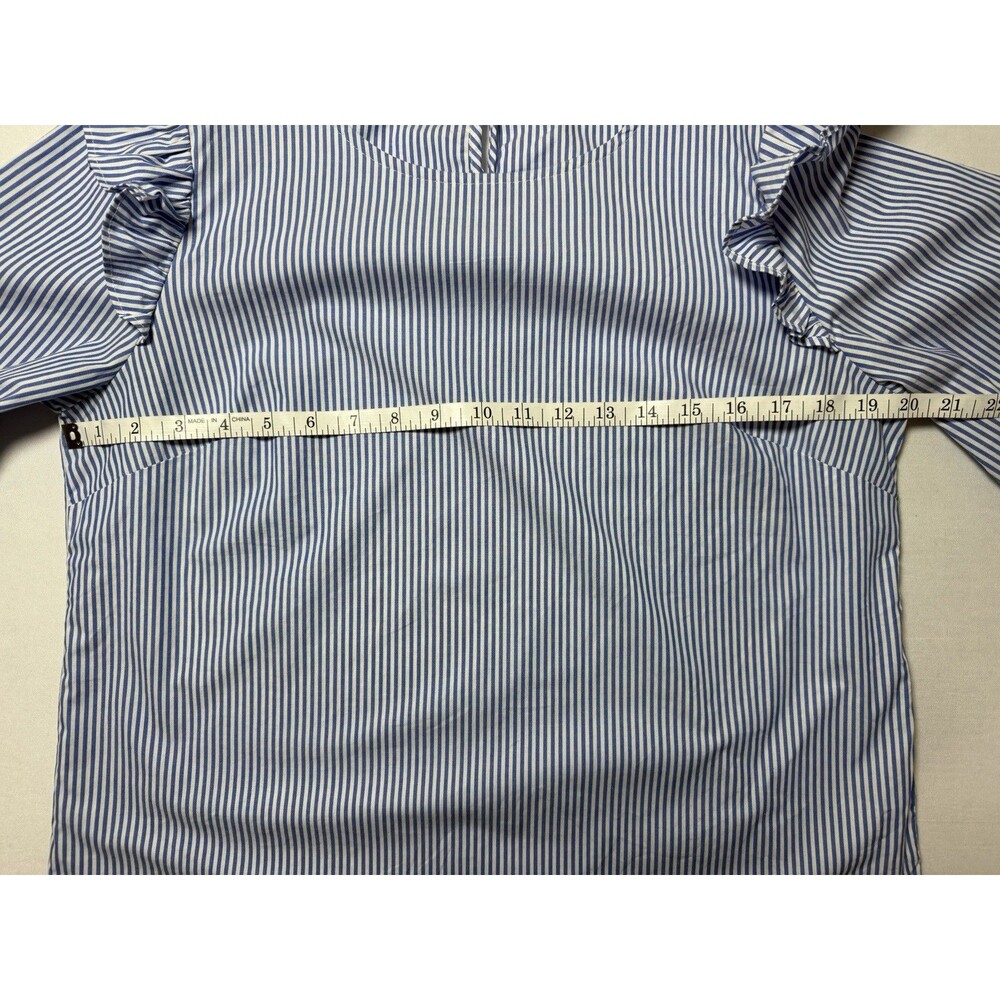J.Crew Blouse Women’s Blue and White Stripe Ruffle Long Sleeve Cotton Shirt Sz M - Picture 7 of 10